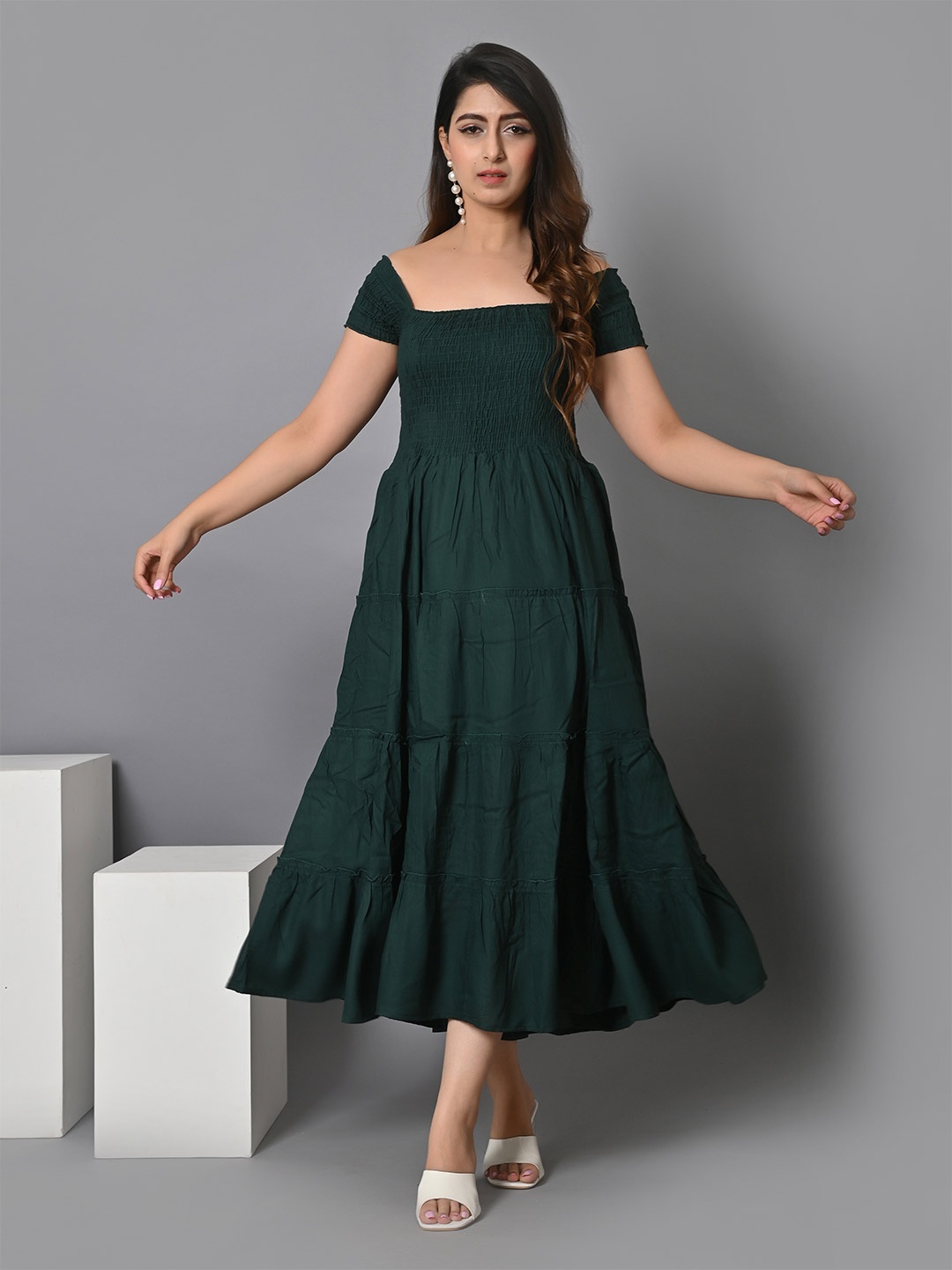 

IQRAAR Off Shoulder Smocked Tiered Fit & Flare Midi Dress, Green