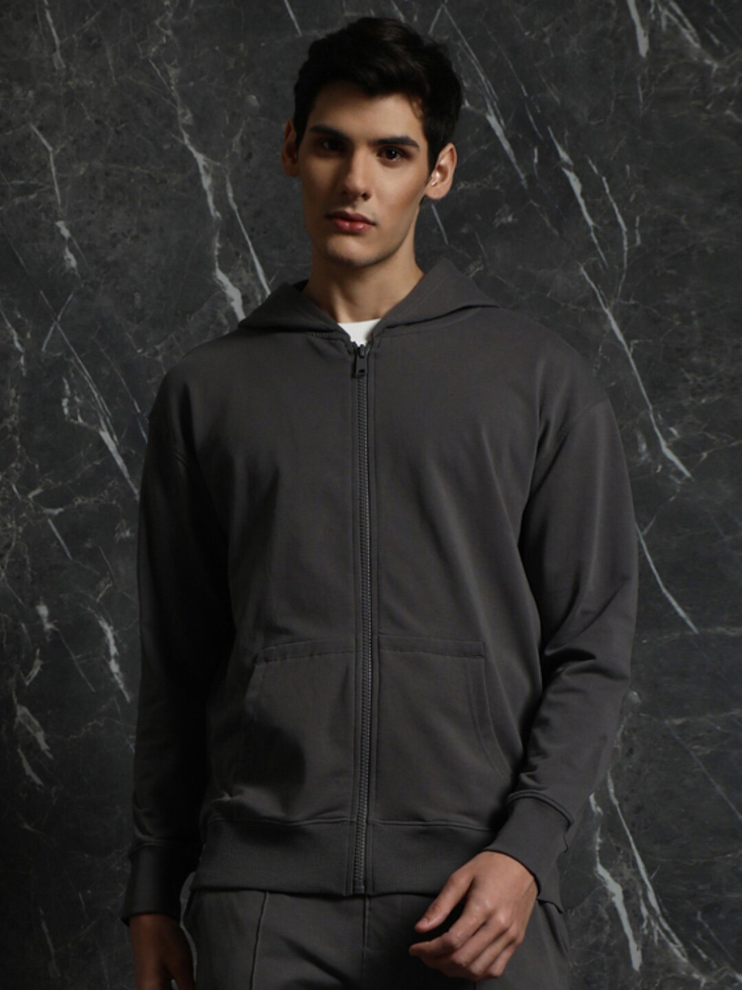 

Breakbounce Grey Hooded Cotton Front Open Sweatshirt