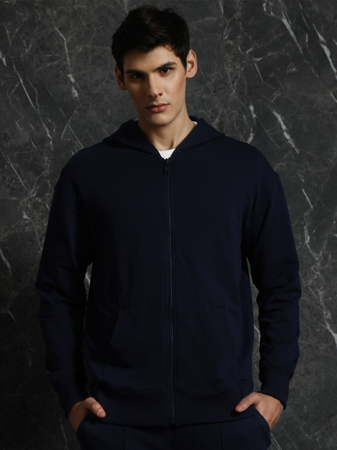

Breakbounce Black Hooded Pure Cotton Front Open Sweatshirt, Blue