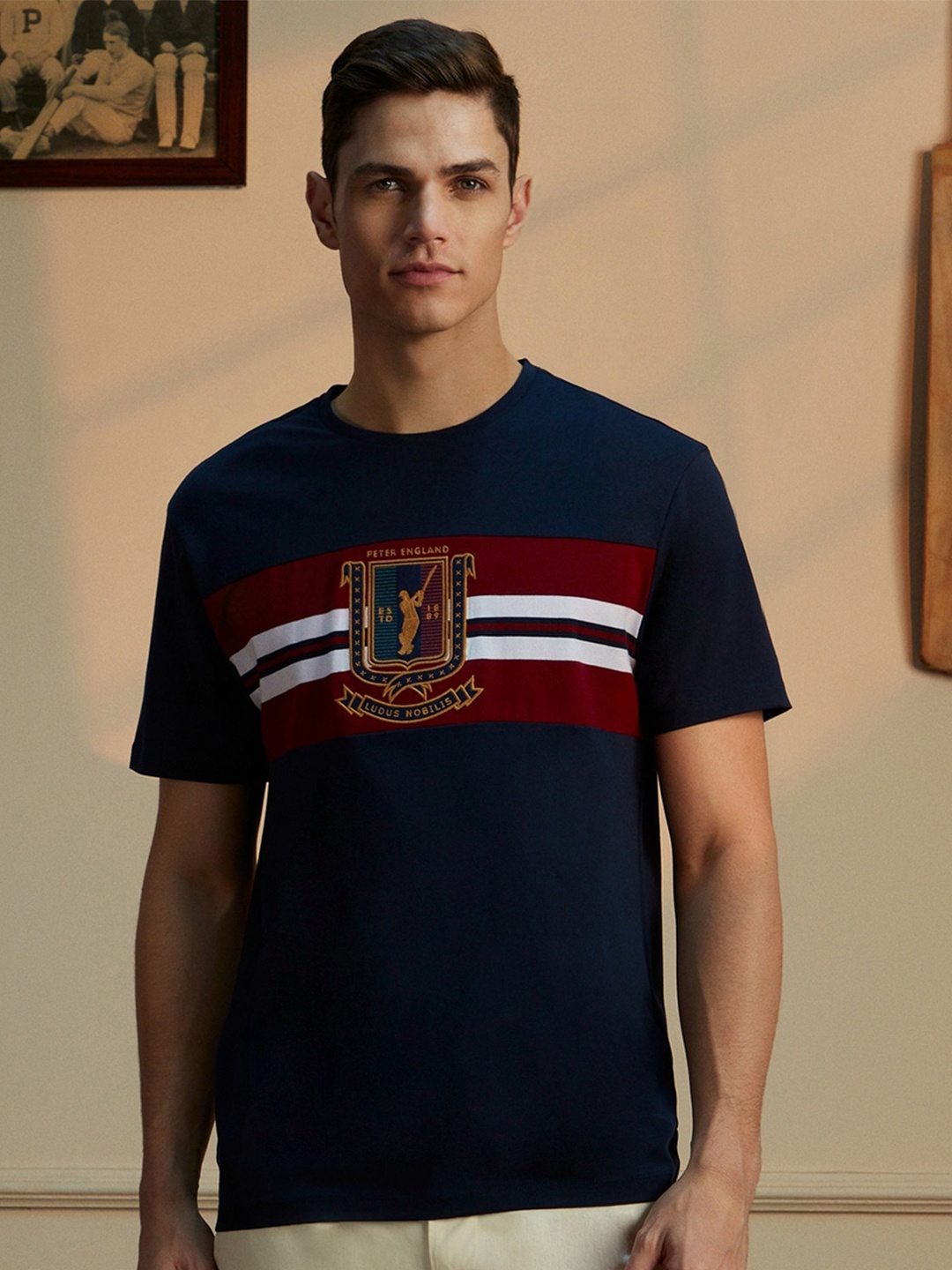 

Peter England Casuals Striped Round Neck T-shirt, Navy blue