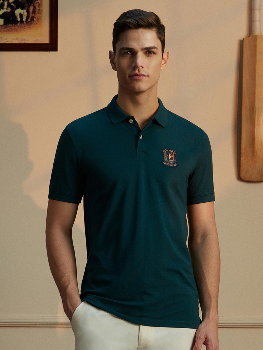 

Peter England Casuals Short Sleeves Polo Collar Slim Fit T-shirt, Green