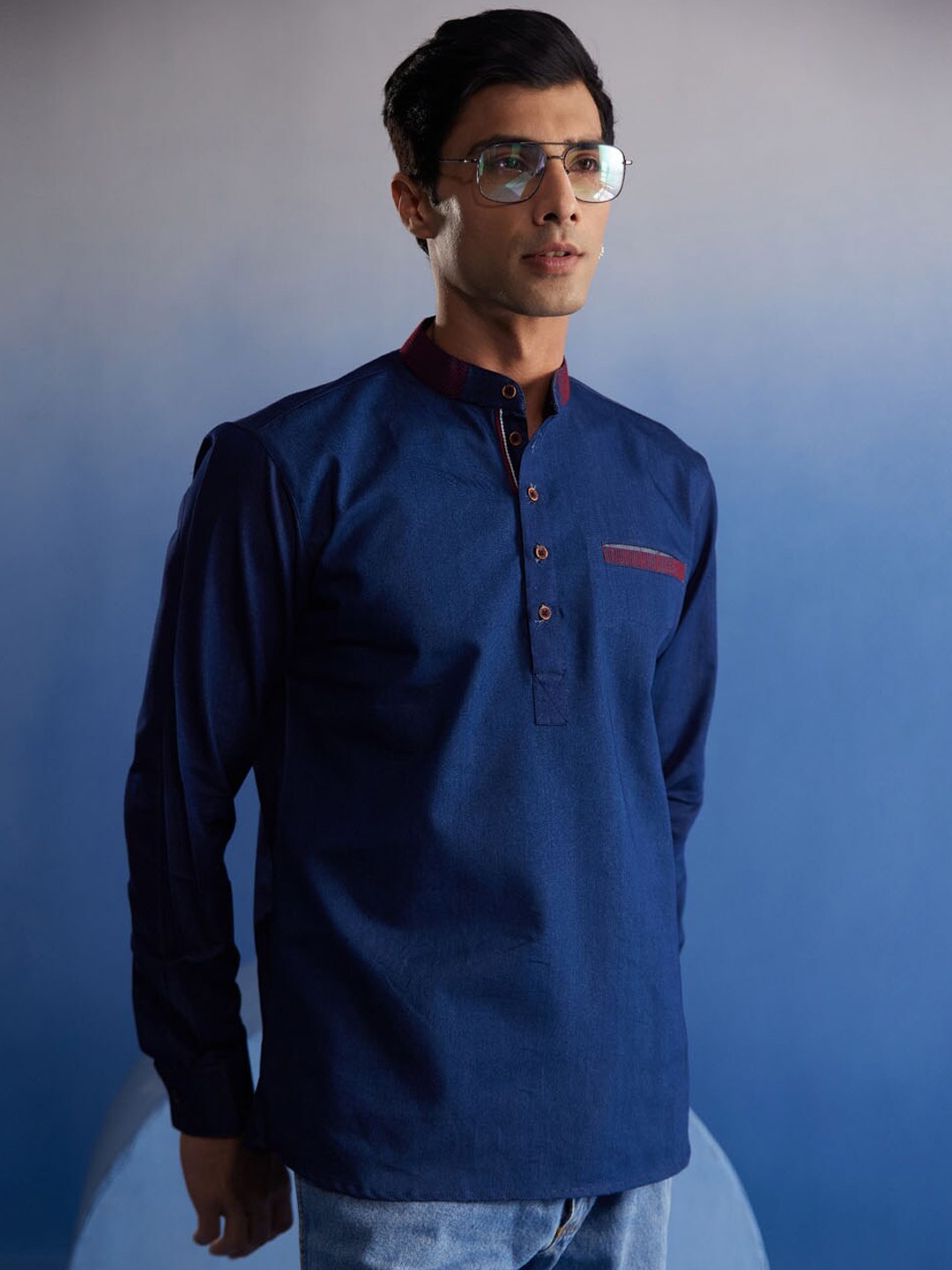 

VASTRAMAY Mandarin Collar Denim Short Kurta, Navy blue