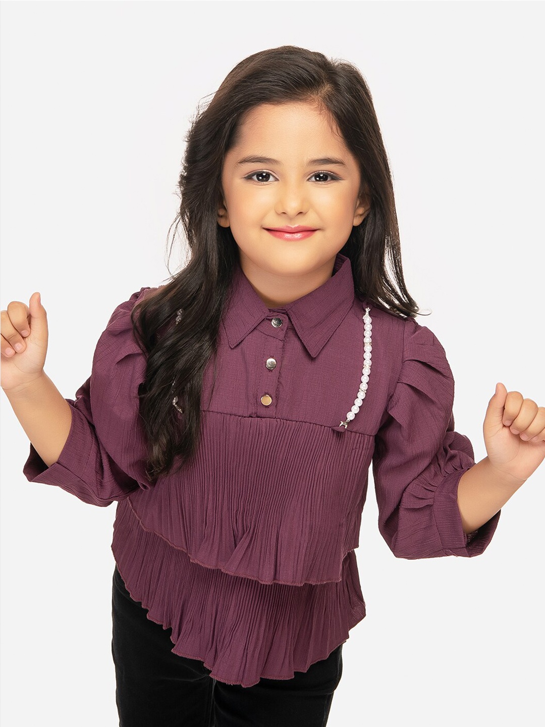 

Tiny Kingdom Girls Puff Sleeves Shirt Style Top, Purple