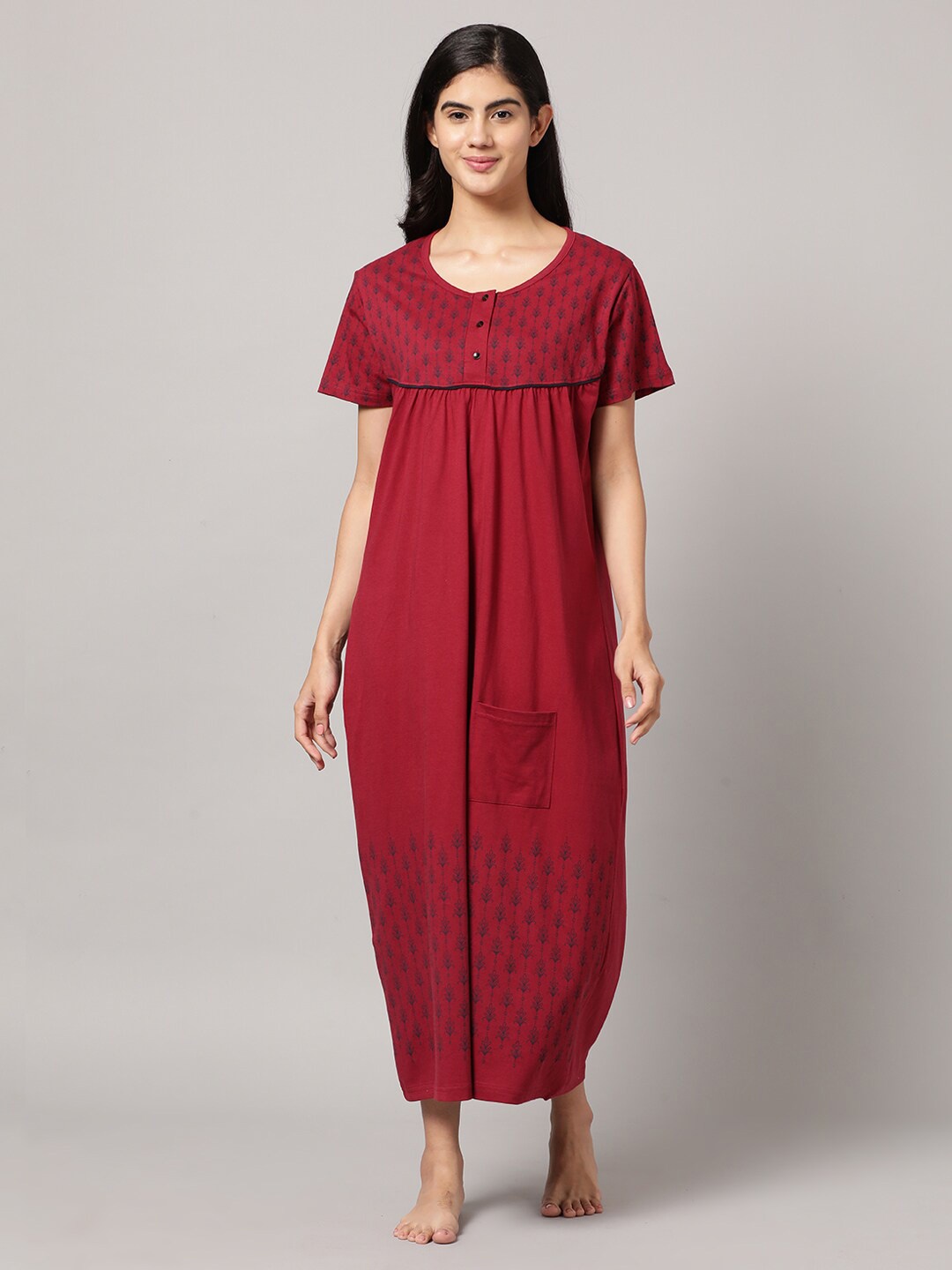 

SEYBIL Floral Printed Pure Cotton Nightdress, Maroon