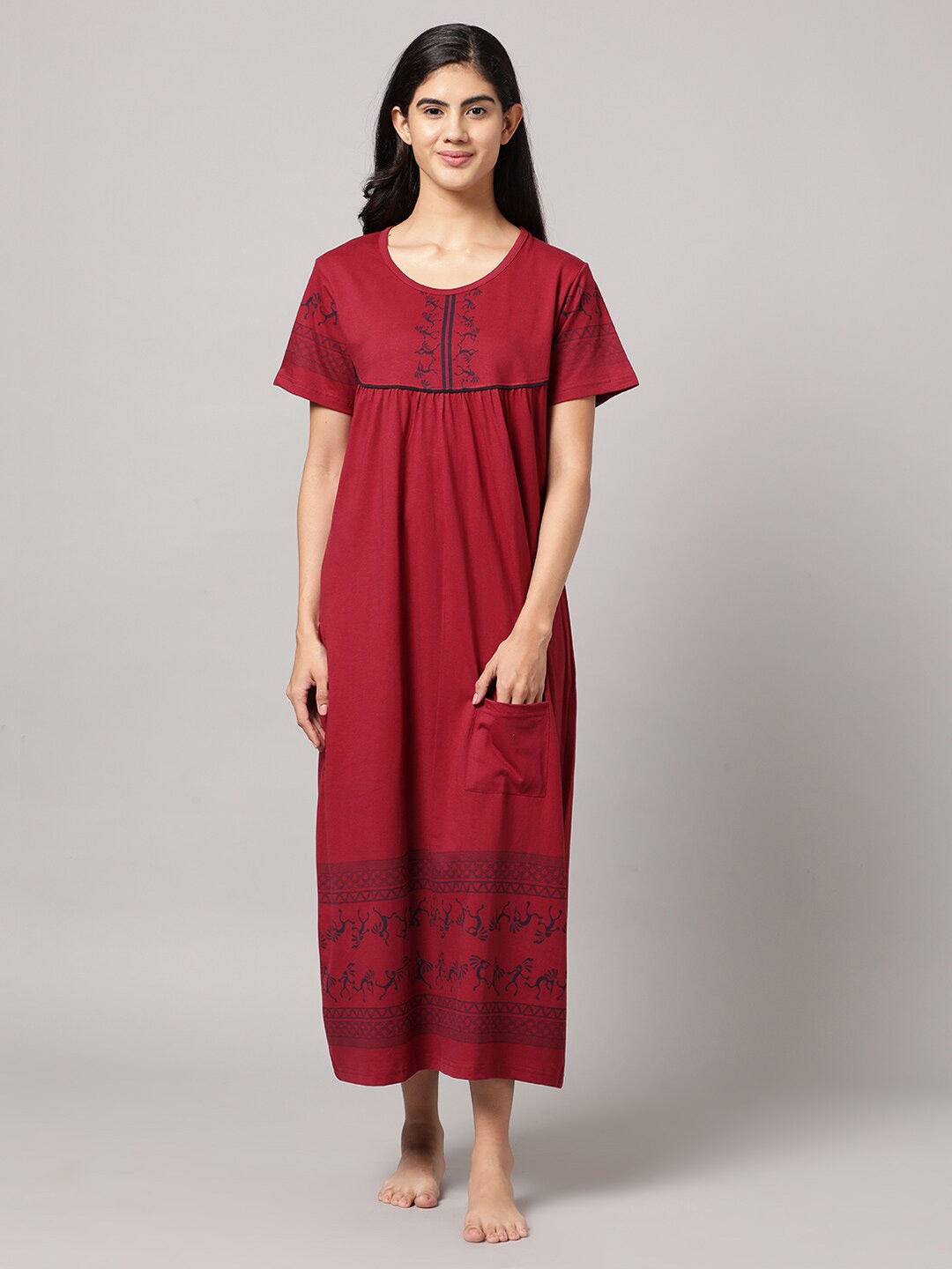 

SEYBIL Geometric Printed Pure Cotton Nightdress, Maroon