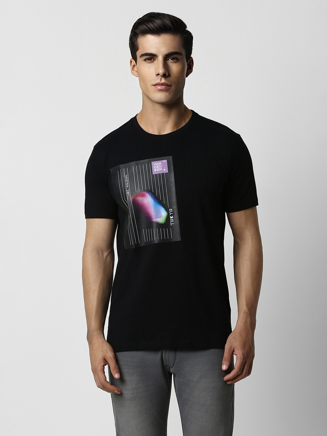 

V Dot Graphic Printed Slim Fit Cotton T-shirt, Black