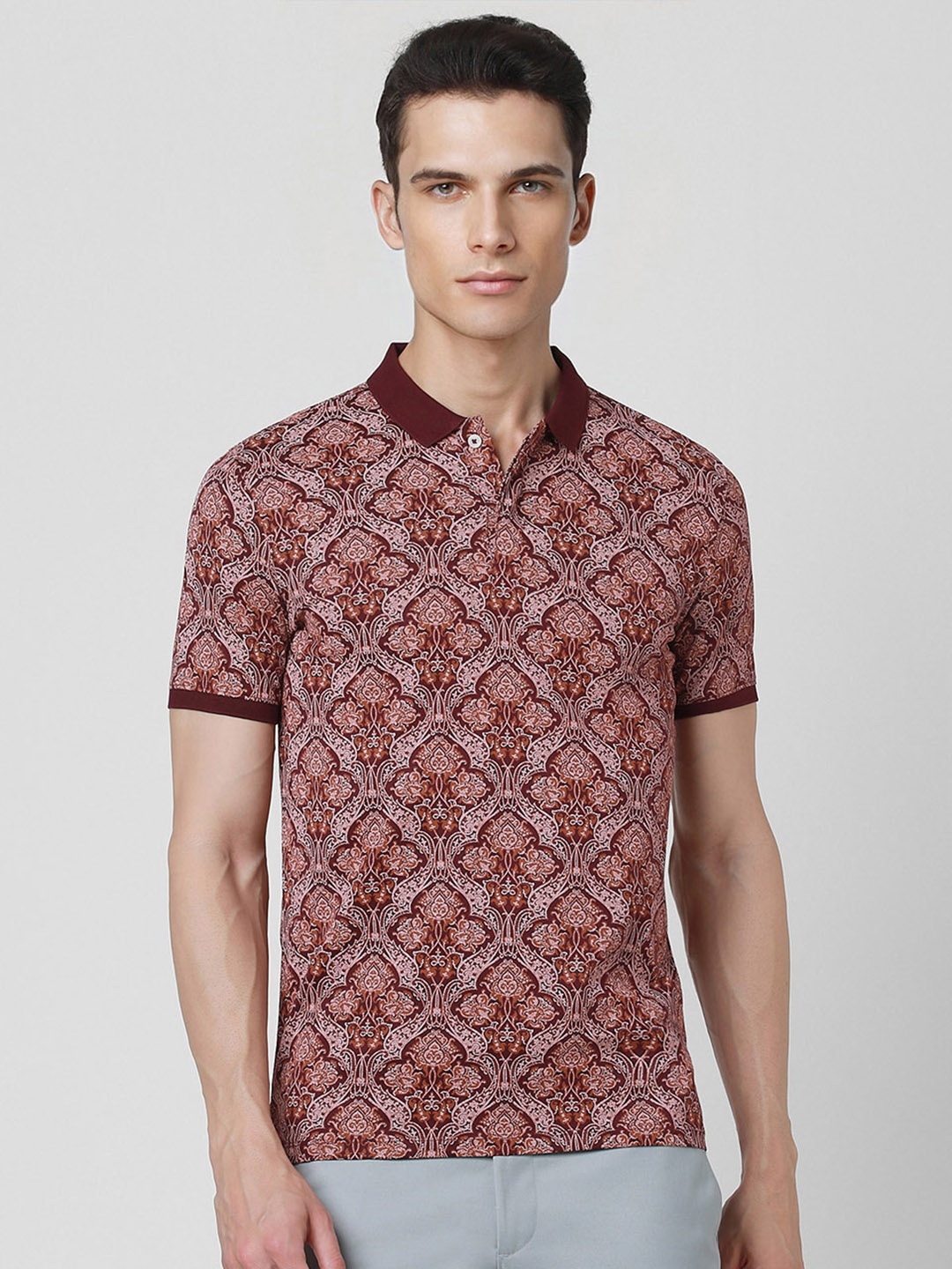 

V Dot Ethnic Printed Polo Collar Pure Cotton Slim Fit T-shirt, Maroon