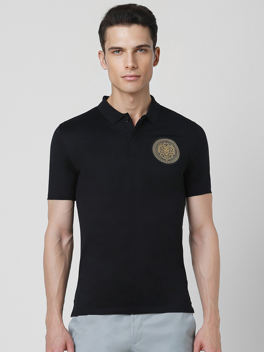 

V Dot Polo Collar Pure Cotton Slim Fit T-shirt, Black