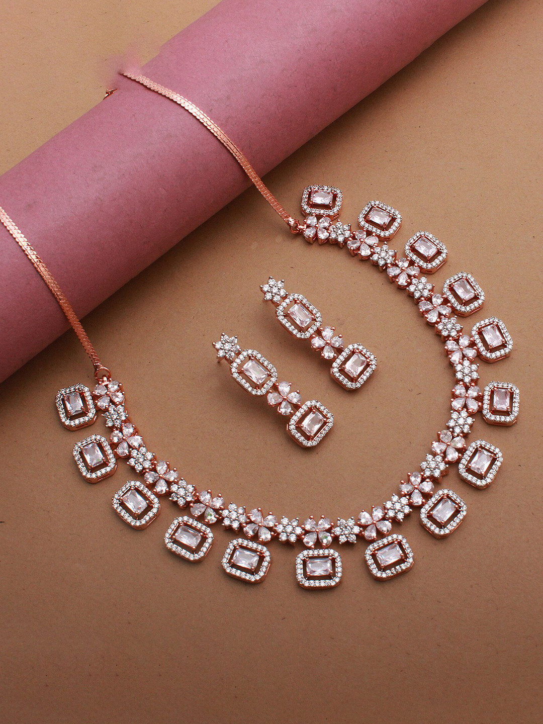 

Mirana Rose Gold-Plated Cubic Zirconia-Studded Jewellery Set, White