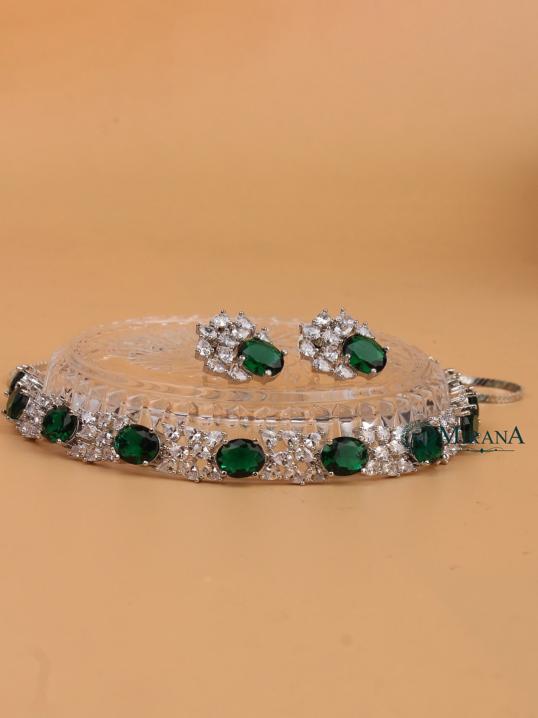 

Mirana Rhodium-Plated Cubic Zirconia Studded Necklace Set, Green