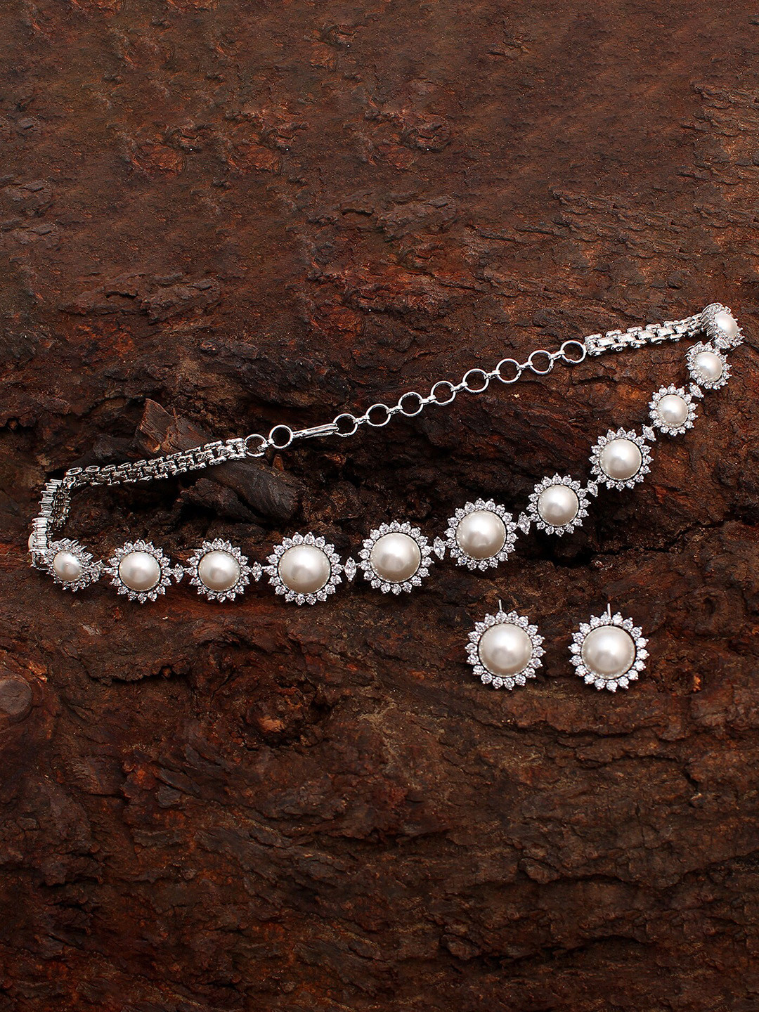 

Mirana Rhodium-Plated Cubic Zirconia & Pearl Studded Necklace Set, White