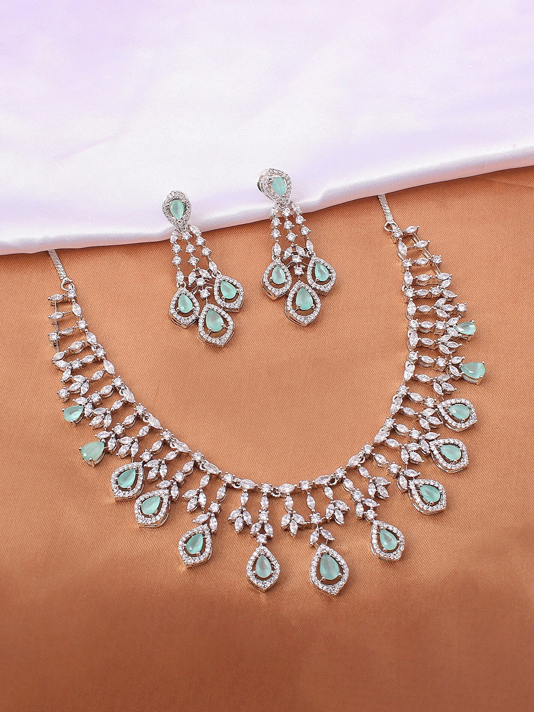 

Mirana Rhodium-Plated Cubic Zirconia Studded Necklace Set, Green