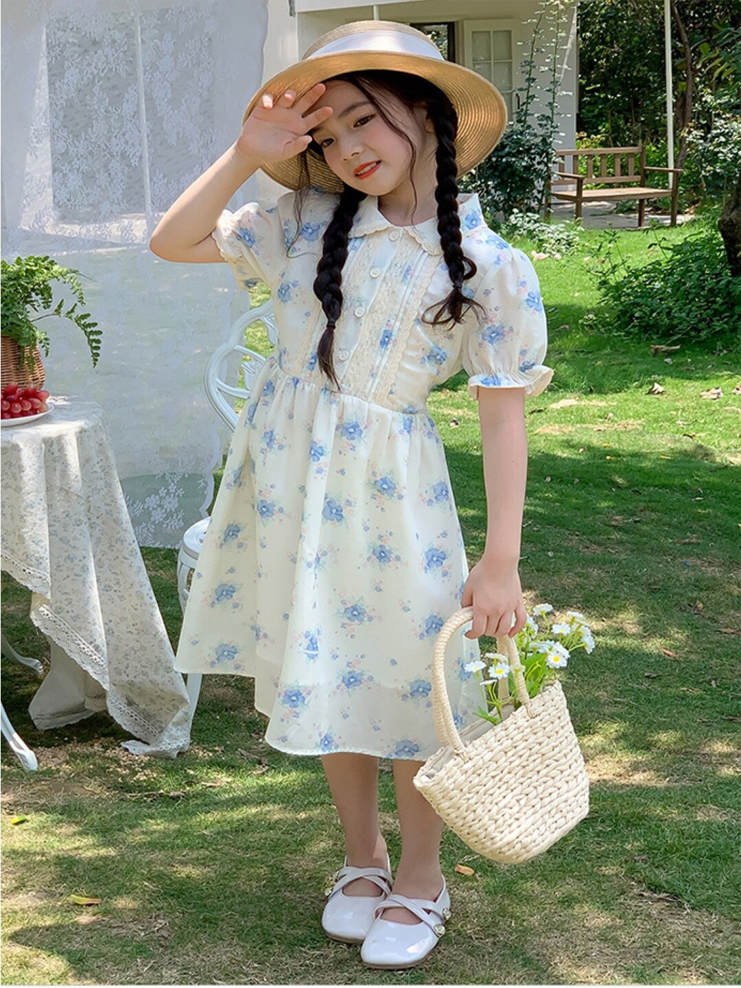 

StyleCast Blue Girls Floral Printed Shirt Collar Fit & Flare Dress, Off white