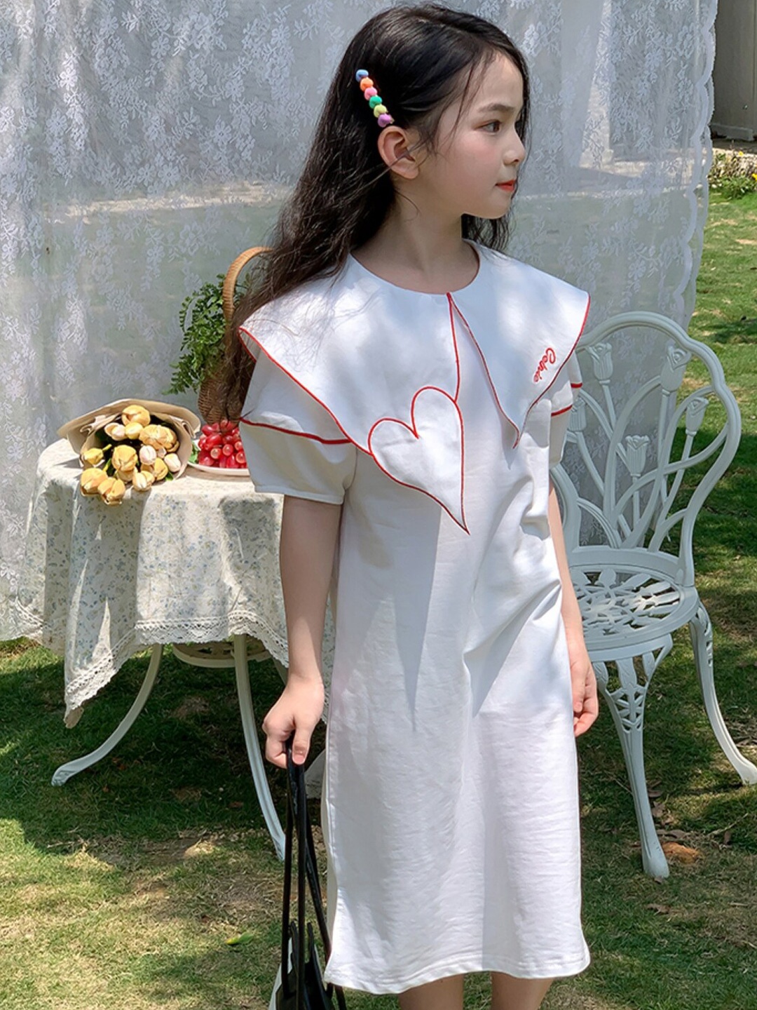 

StyleCast Girls White Keyboard Collar Puff Sleeves Cotton A-Line Dress