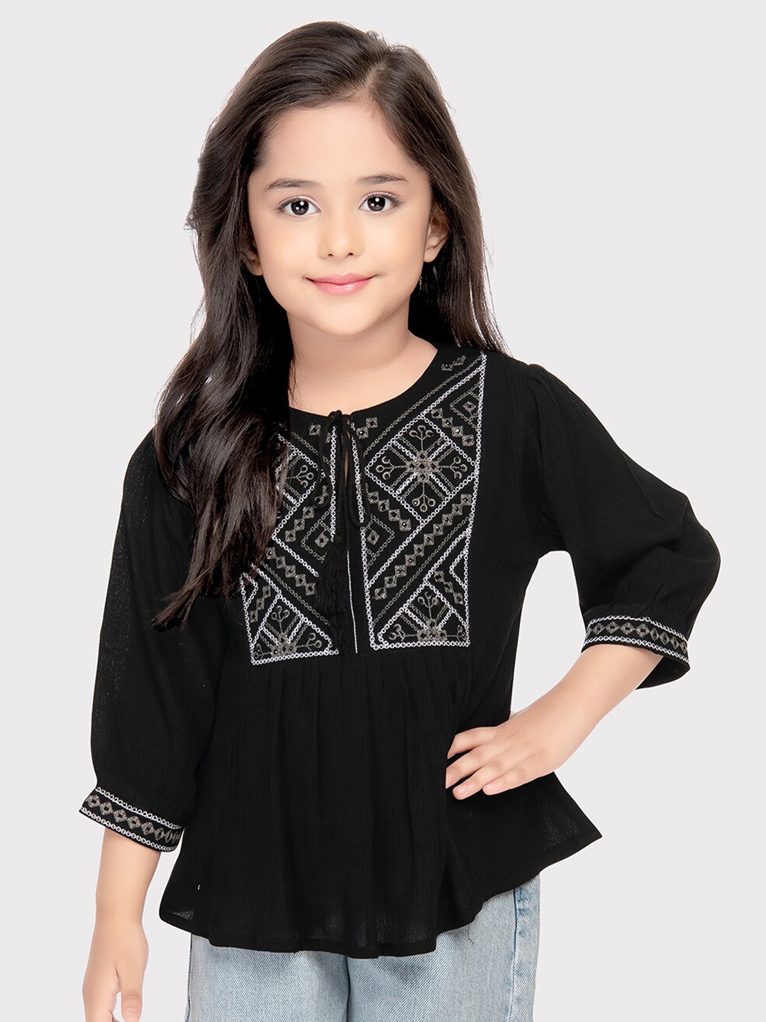 

Tiny Kingdom Ethnic Motifs Embroidered Tie Up Neck A-Line Top, Black