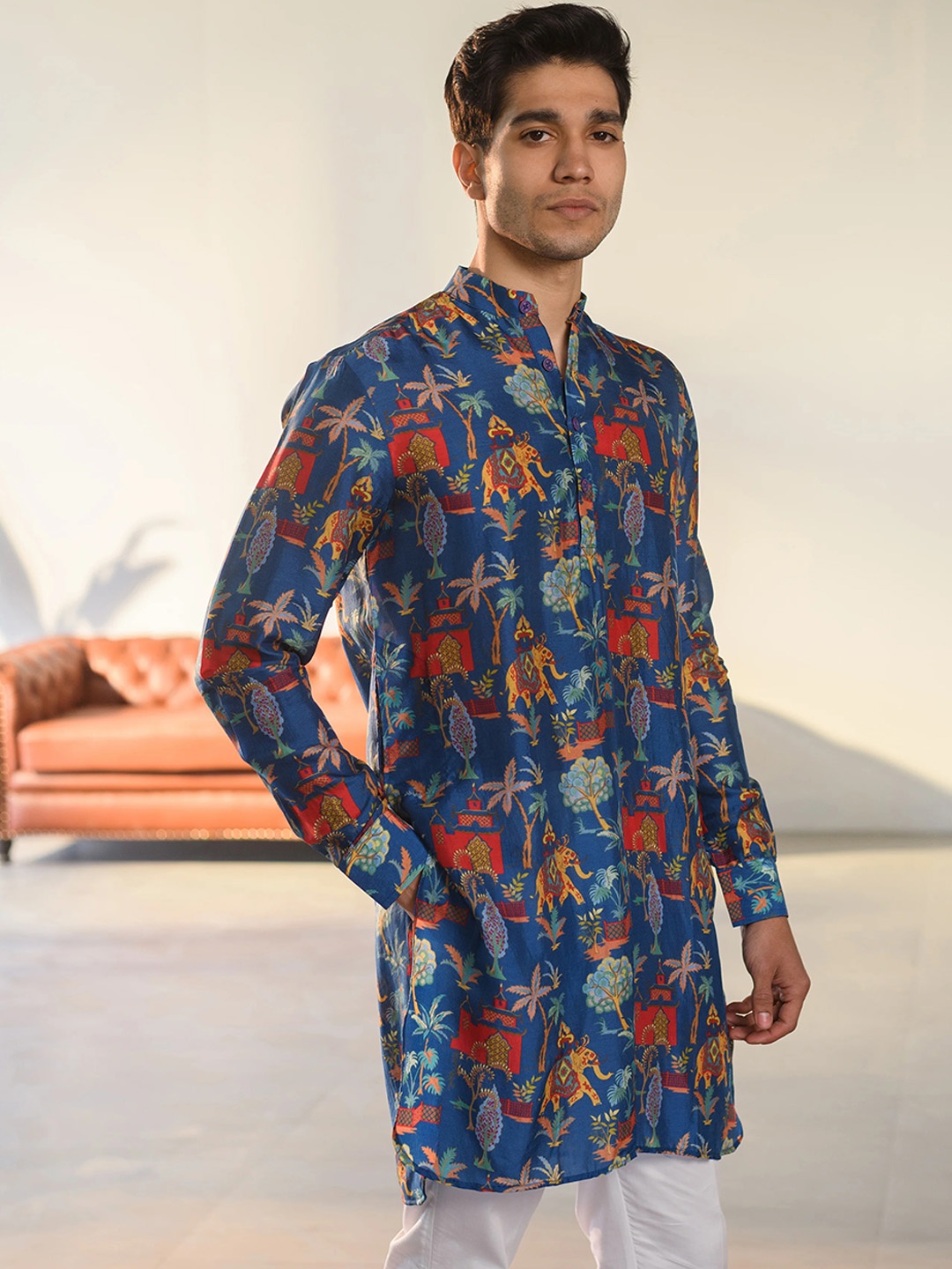 

QB MEN Ethnic Motifs Printed Pure Cotton Straight Kurta, Blue