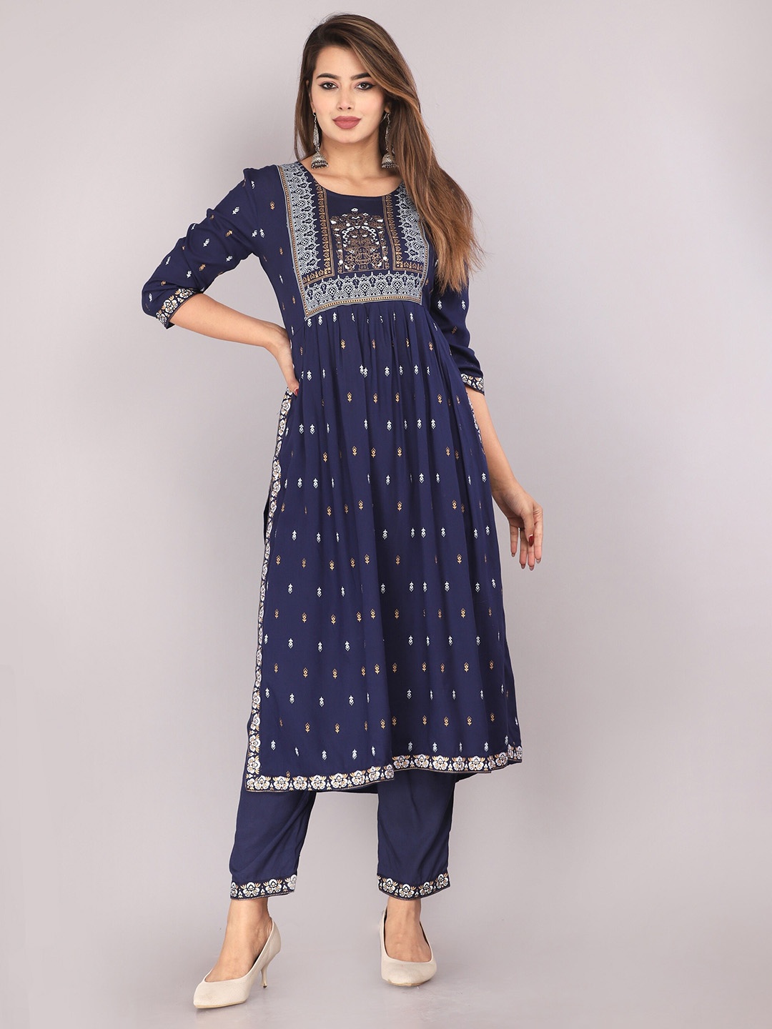 

MARISY Ethnic Motifs Printed Empire Kurta with Trousers, Navy blue