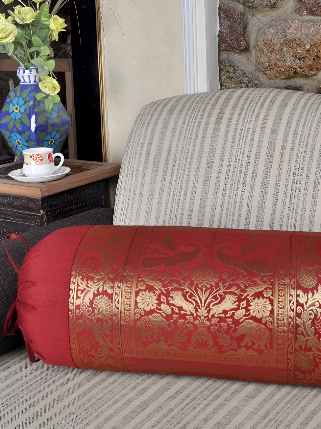 

Lal Haveli Maroon-Coloured & Beige Woven Design Bolster Covers