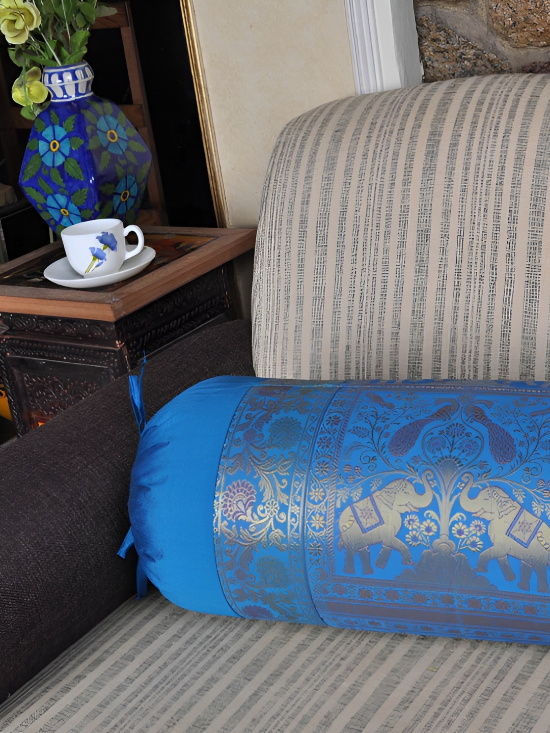 

Lal Haveli Turquoise Blue & Beige Woven Design Bolster Covers