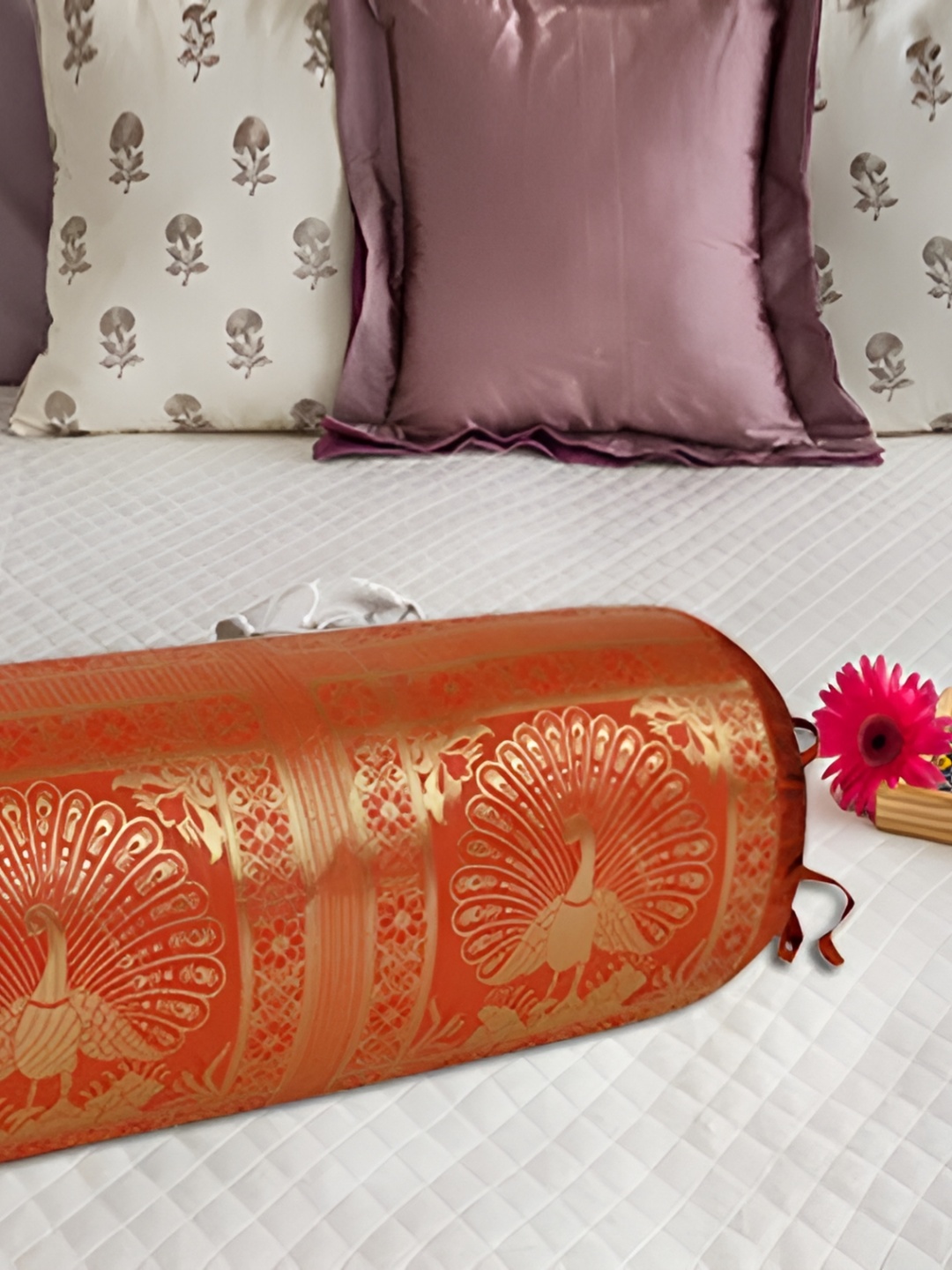 

Lal Haveli Orange-Coloured & Beige Woven Design Bolster Covers