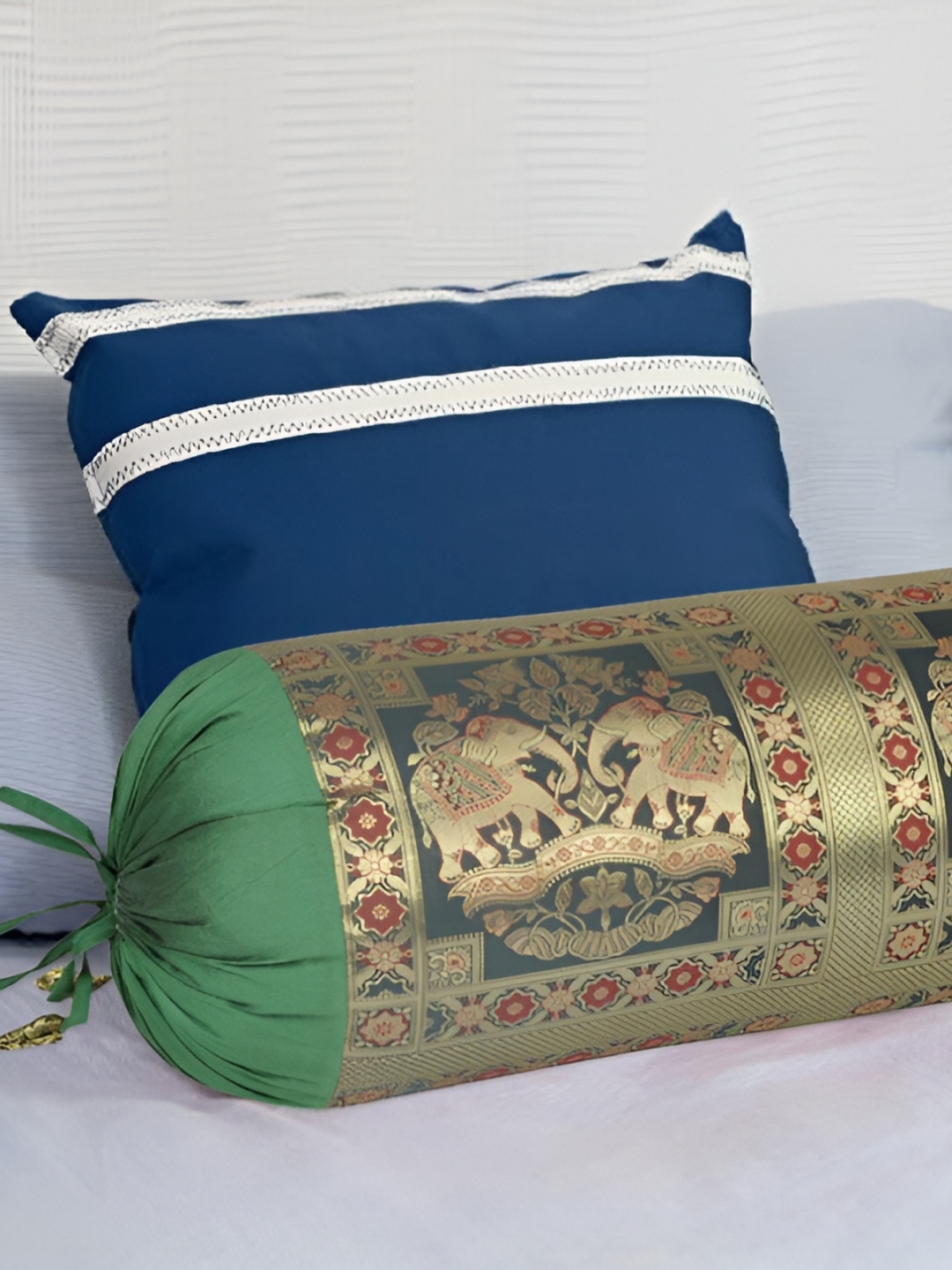 

Lal Haveli Green & Beige Woven Design Bolster Covers