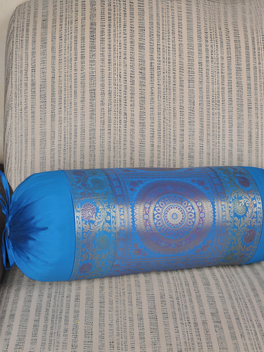 

Lal Haveli Turquoise Blue & Beige Woven Design Silk Bolster Cover