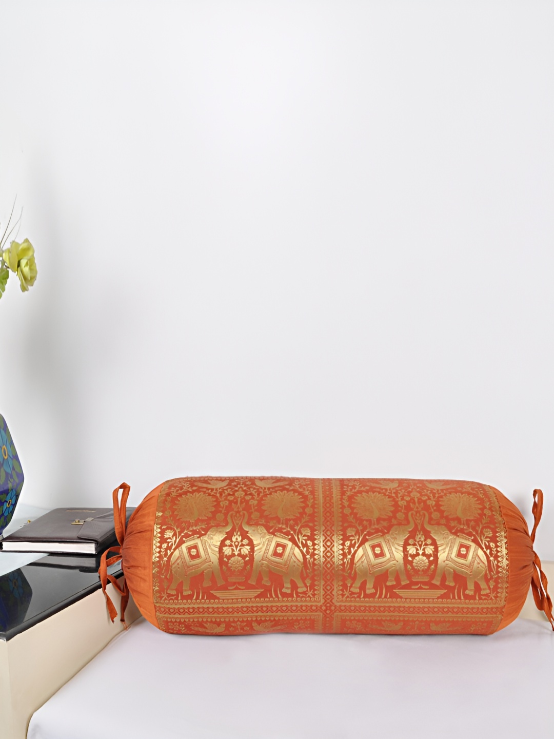 

Lal Haveli Red & Beige Woven Design Silk Bolster Cover
