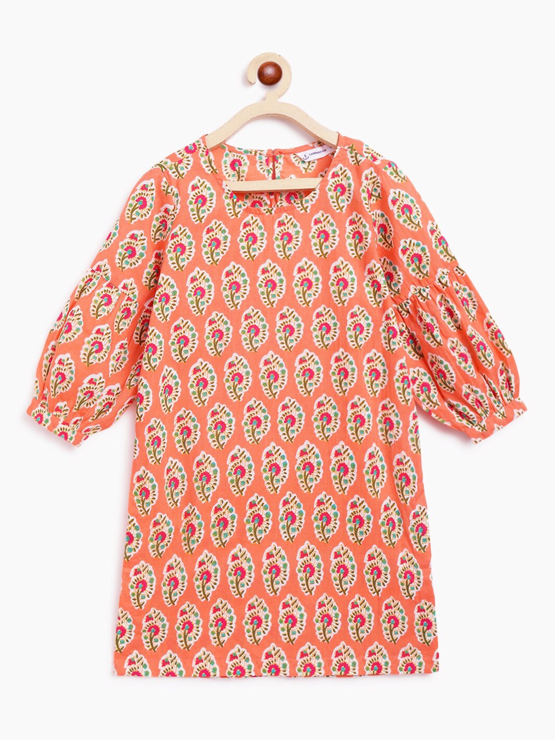 

Campana Girls Ethnic Motifs Printed Puff Sleeves Cotton A-Line Kurta, Peach