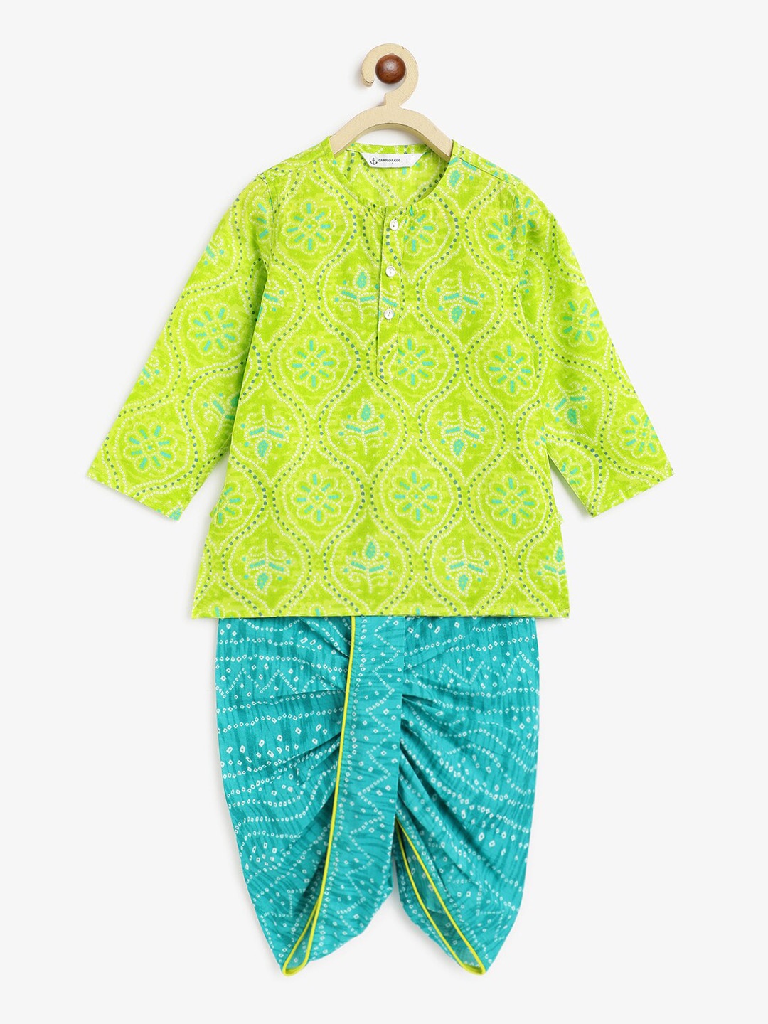 

Campana Infant Boys Bandhani Printed Pure Cotton Kurta with Dhoti Pants, Lime green