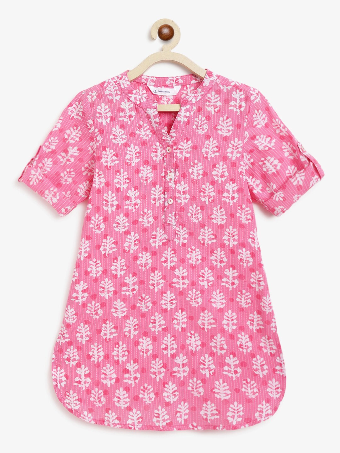 

Campana Girls Ethnic Motifs Printed Kantha Work Cotton Kurta, Pink