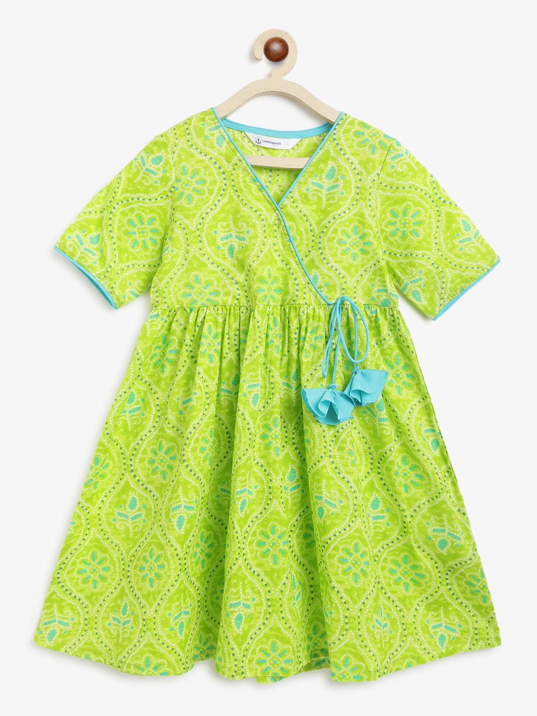 

Campana Girls Bandhani Printed V-Neck Cotton Angrakha Anarkali Kurta, Lime green