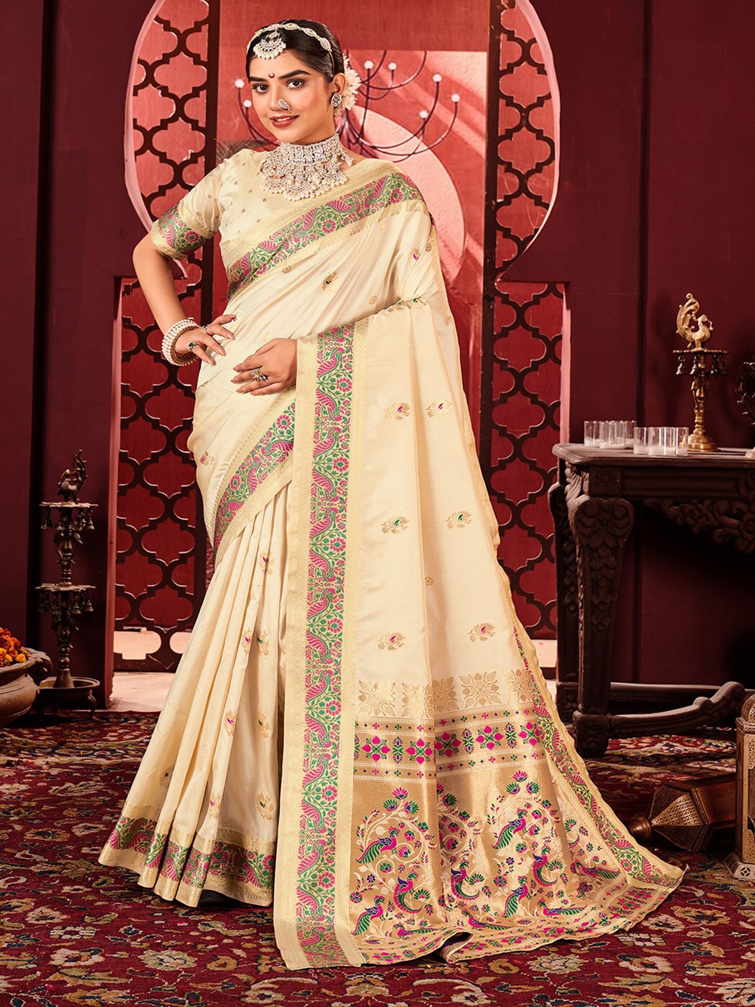 

Kalapushpi Ethnic Motifs Woven Design Zari Paithani Saree, Cream