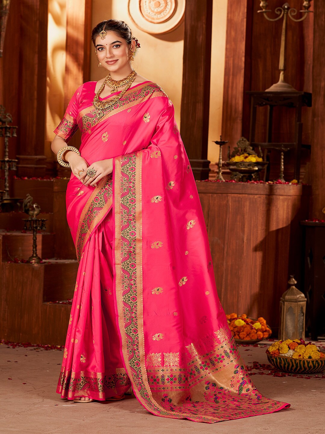 

Kalapushpi Ethnic Motifs Woven Design Zari Banarasi Saree, Pink