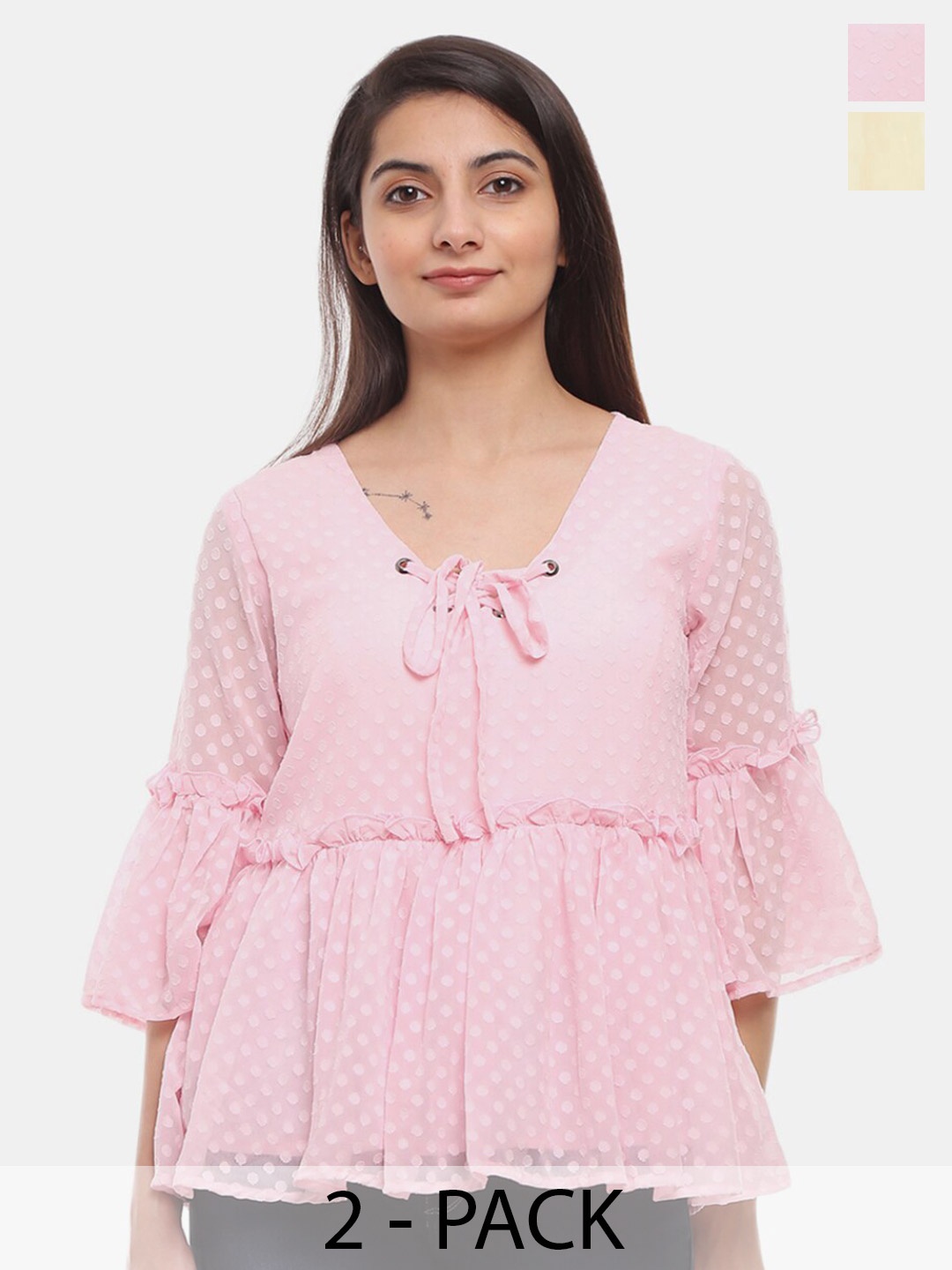 

V-Mart Pack Of 2 Bell Sleeves Cotton Tops, Peach