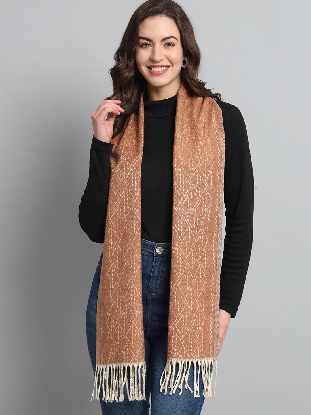 

HANDICRAFT PALACE Geometric Printed Reversible Woollen Scarf, Peach