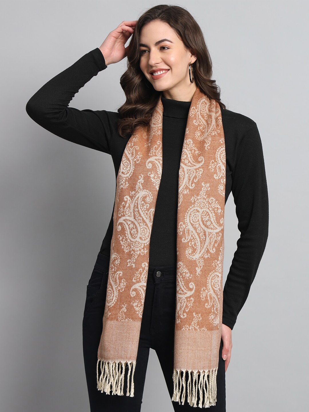 

HANDICRAFT PALACE Paisley Printed Reversible Woollen Scarf, Peach