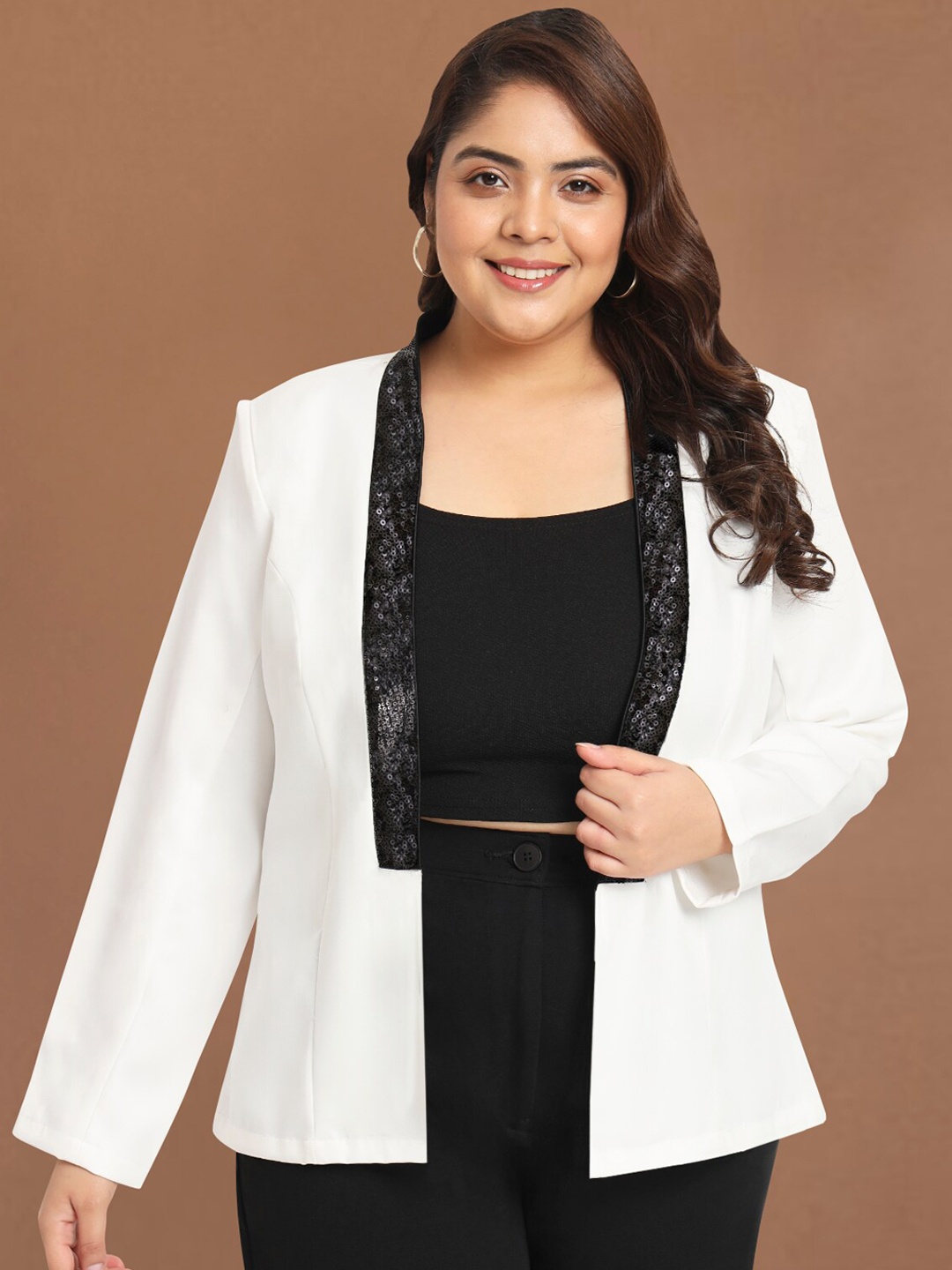 

wild U Plus Size Tailored Fit Notched Lapel Long Sleeves Front Open Sequinned Blazers, White