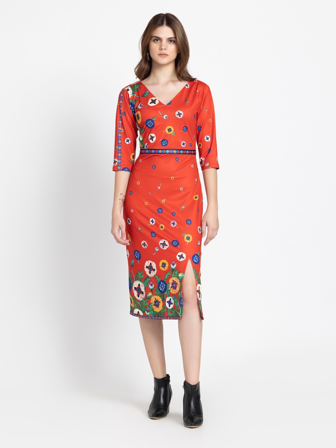 

SHAYE Floral Printed V-Neck Bodycon Midi Dress, Red