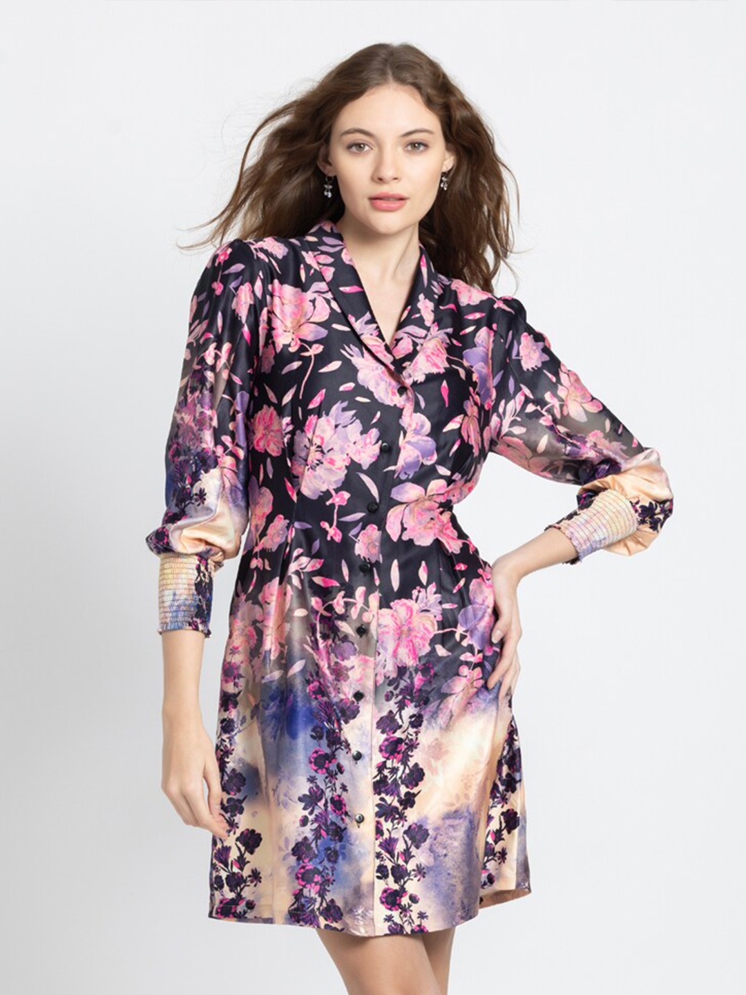 

SHAYE Floral Printed Satin A-Line Dress, Navy blue