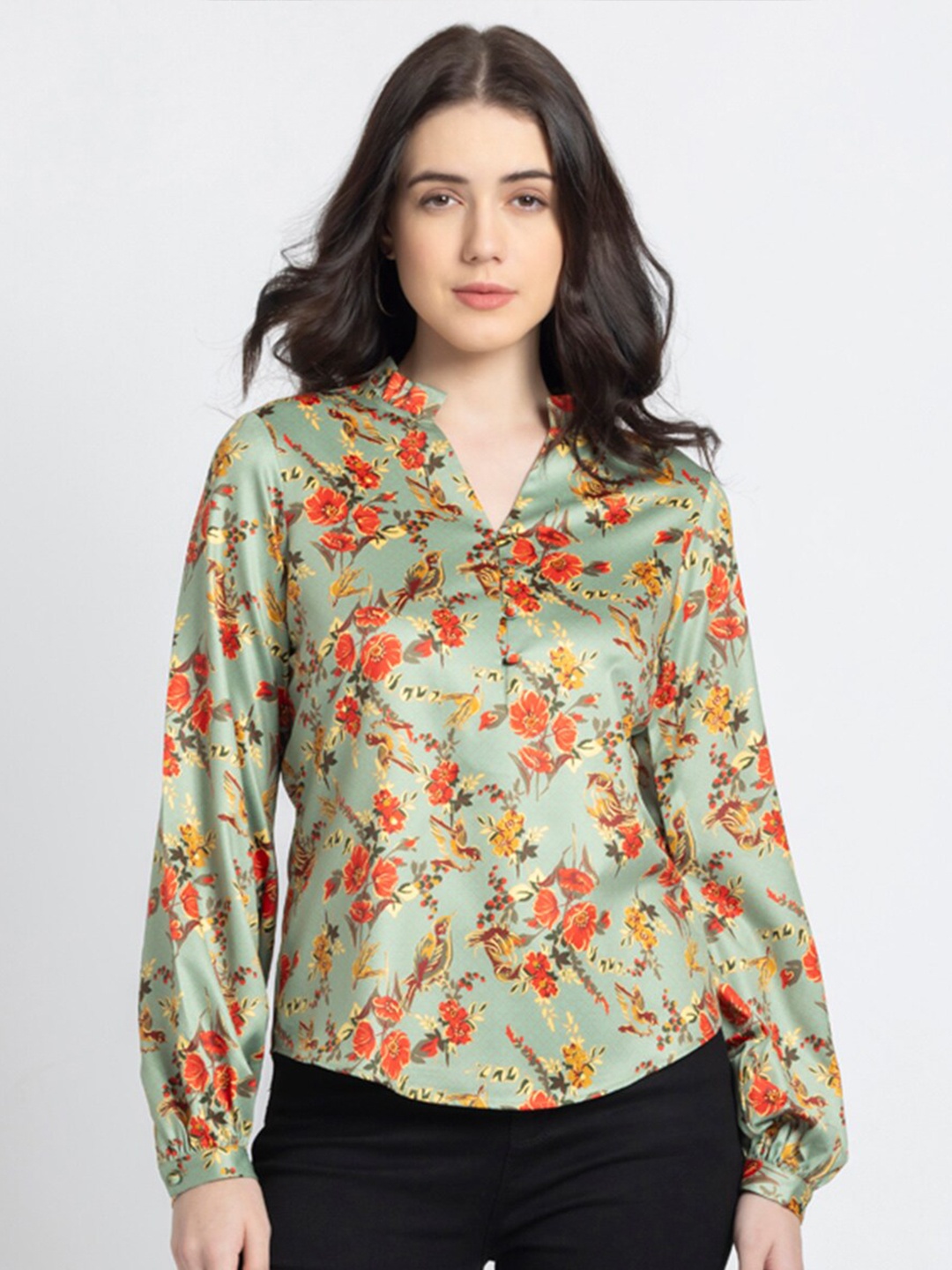 

SHAYE Floral Printed Mandarin Collar Cuffed Sleeves Top, Green