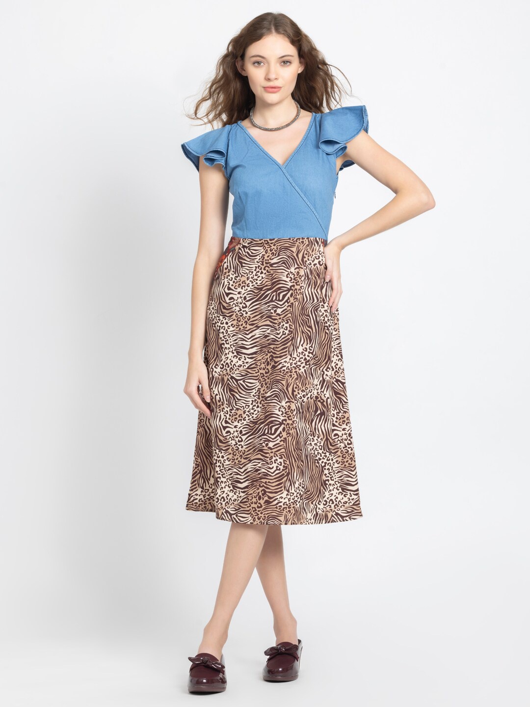 

SHAYE Animal Printed Flared Sleeve A-Line Dress, Blue