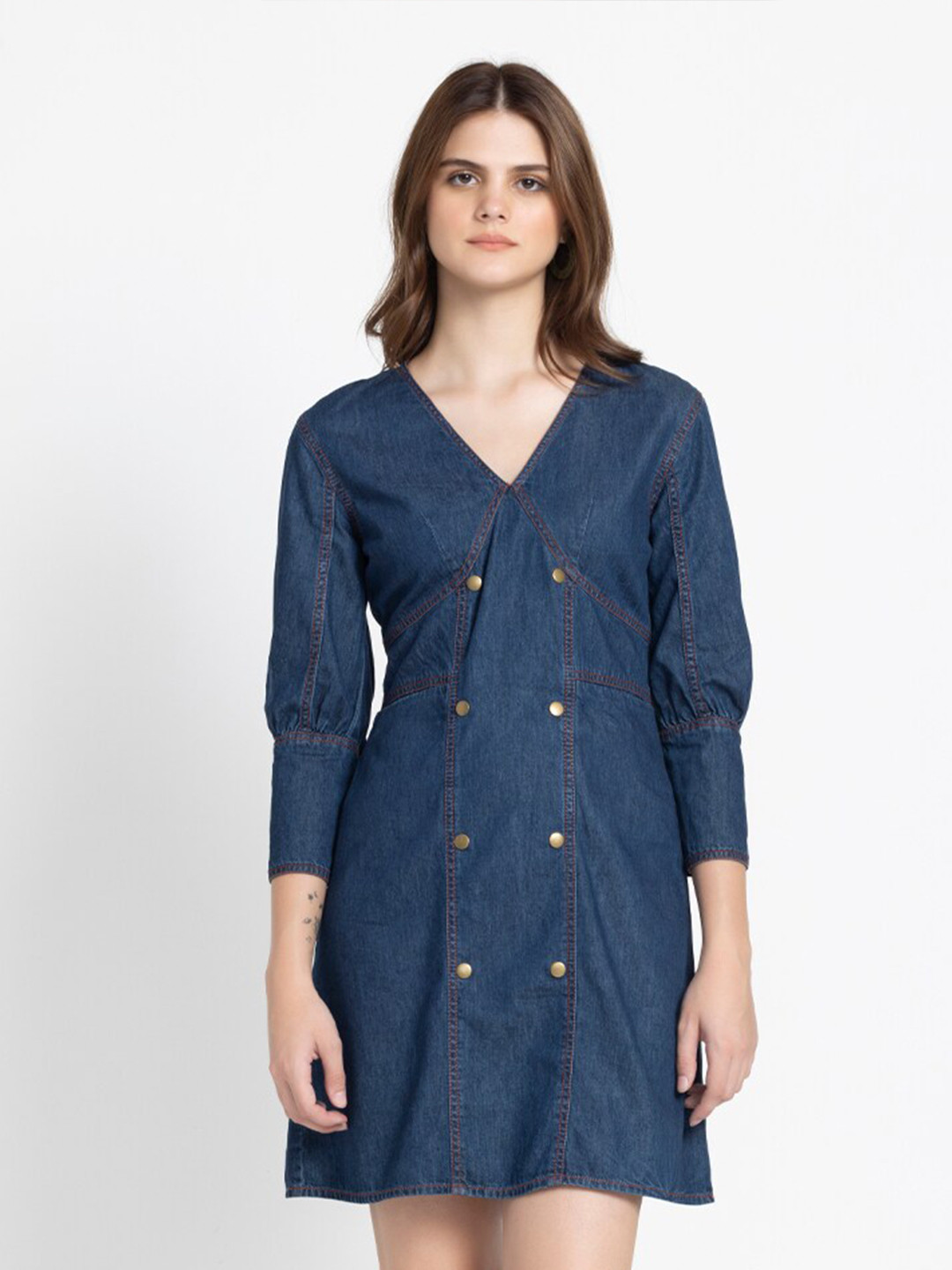 

SHAYE Washed Cotton Denim V-Neck Front Metal Zip Slim Fit Bodycon Dress, Blue