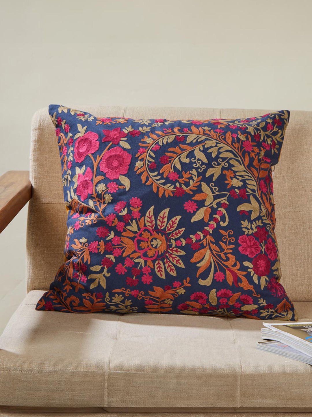 

Fabindia Blue & Pink Floral Printed Cotton Square Cushion Cover