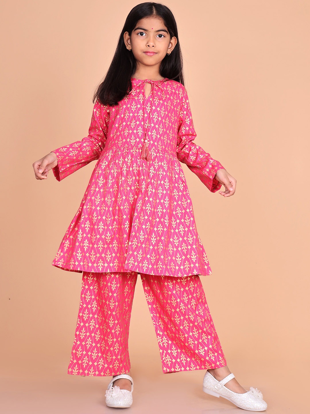 

BAESD Girls Ethnic Motifs Print Pleated Kurta with Palazzos, Pink