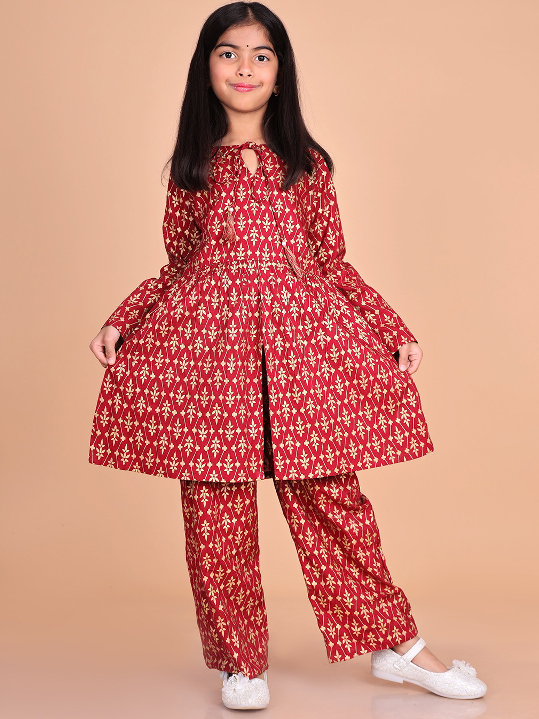 

BAESD Girls Ethnic Motifs Print Pleated Kurta with Palazzos, Maroon