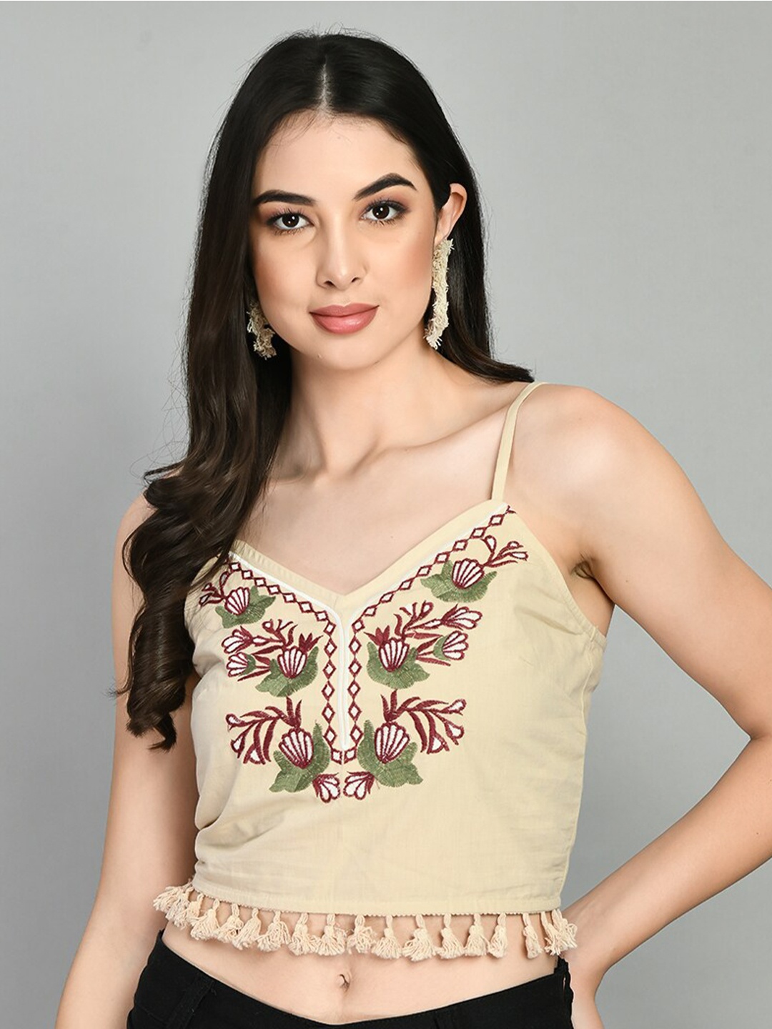 

PRETTY LOVING THING Floral Embroidered Cotton Crop Top, Beige