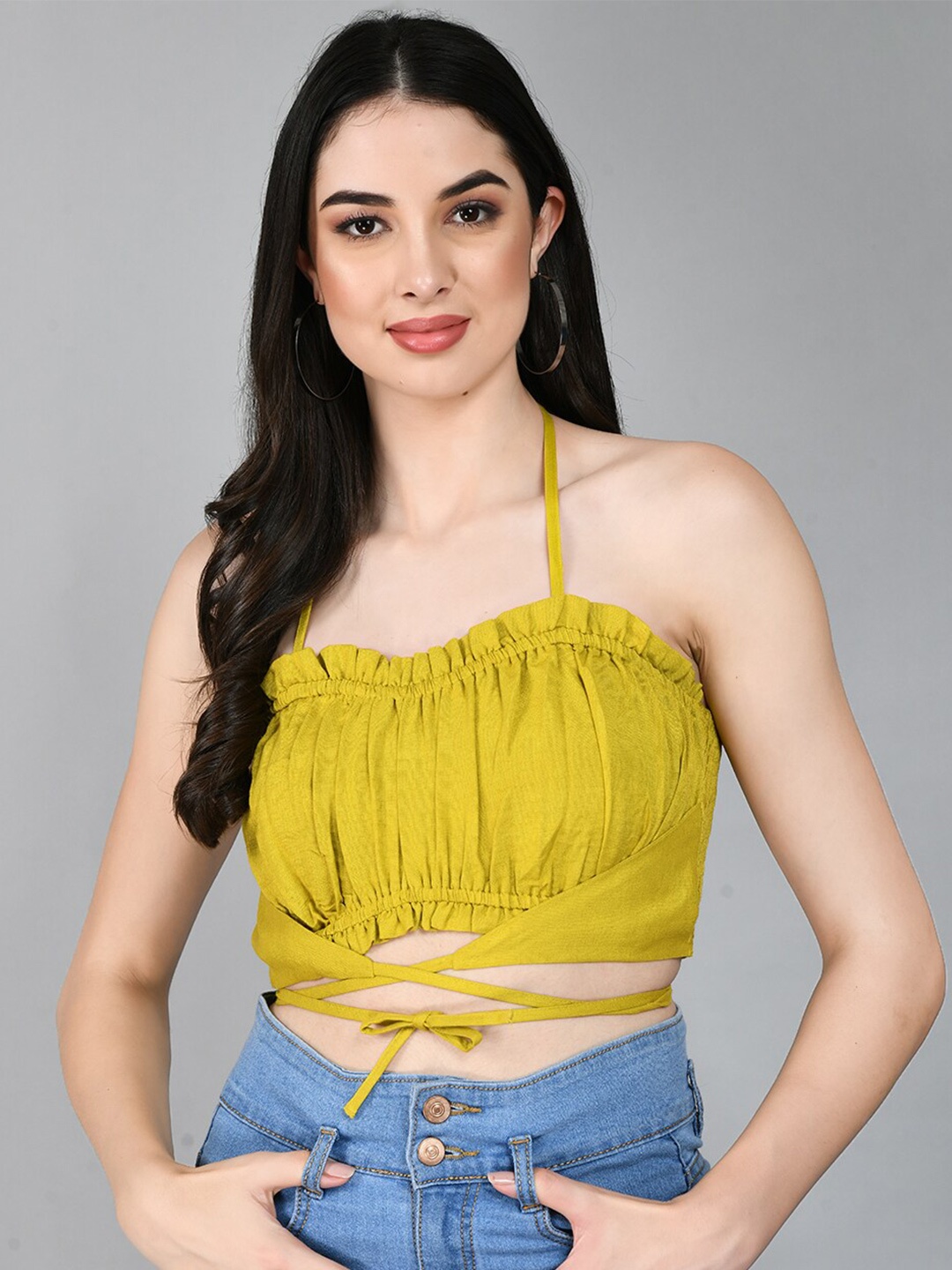 

PRETTY LOVING THING Halter Neck Smocked Bralette Crop Top, Yellow