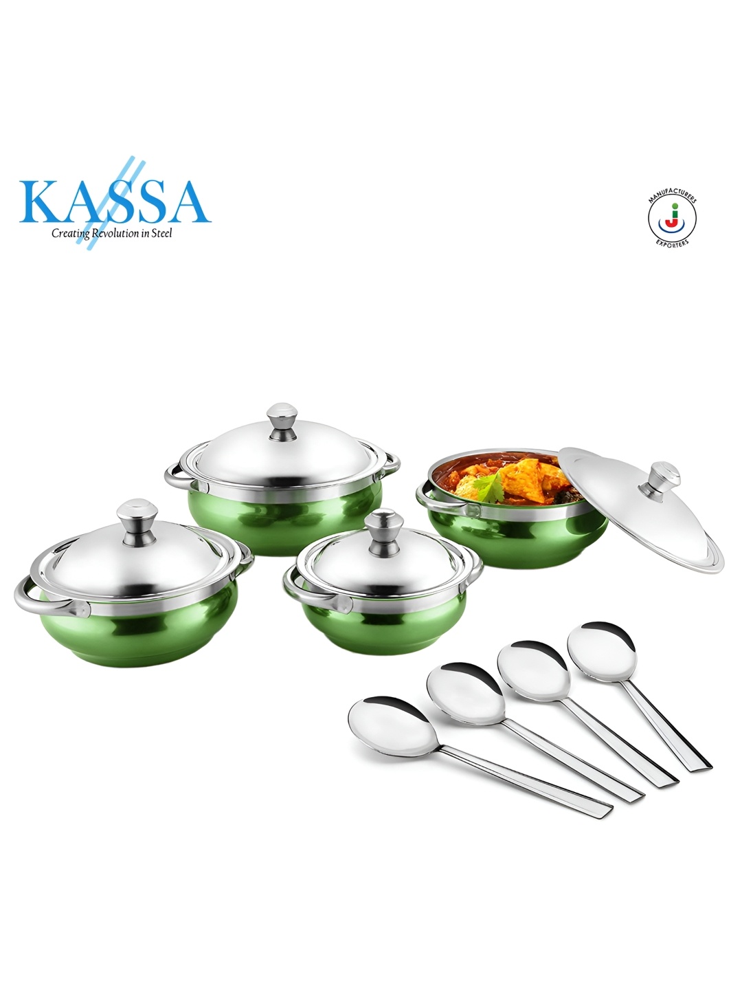 KASSA Green 4 Pieces Stainless Steel Handi With Spoon