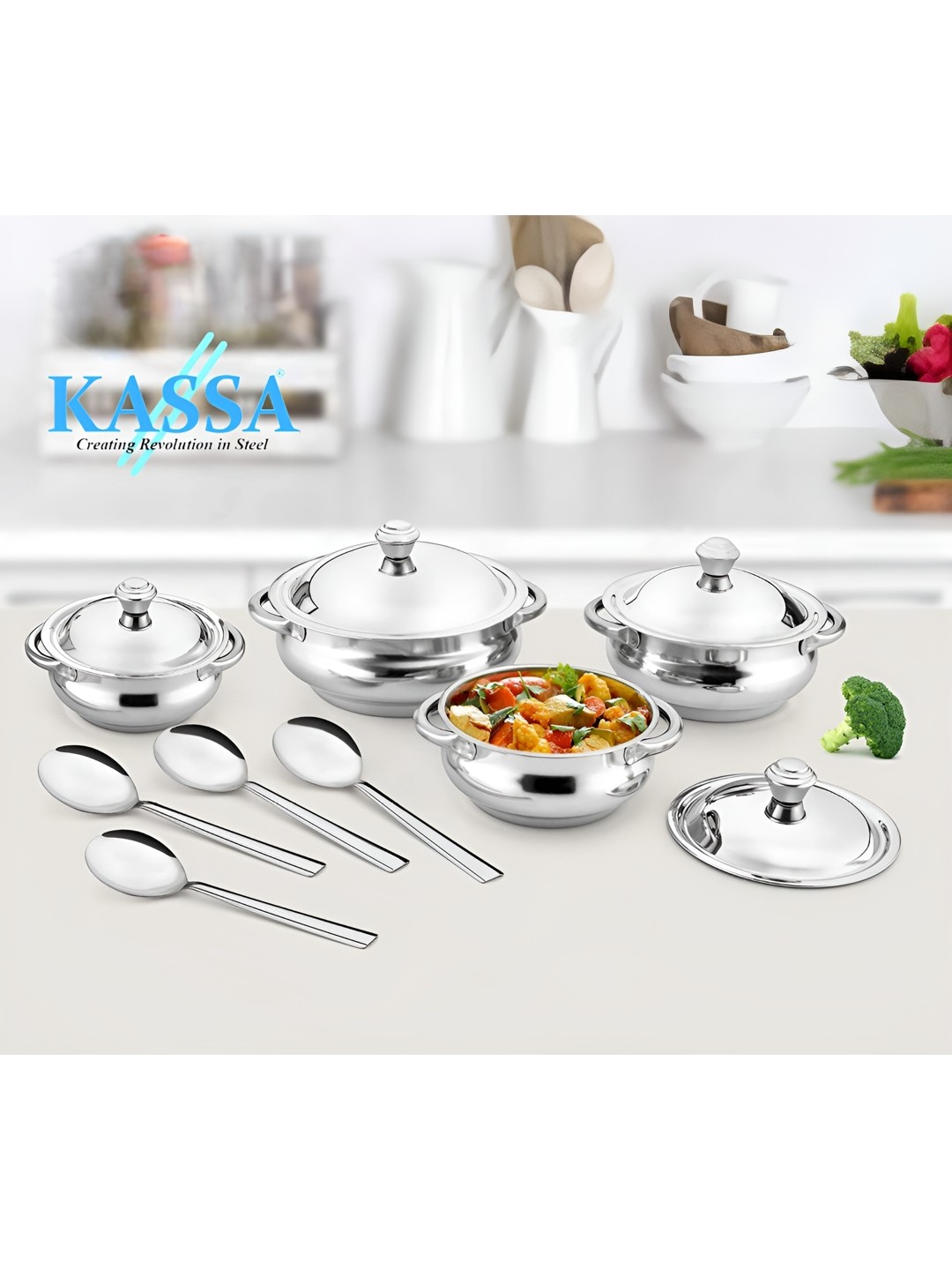 

KASSA Silver Toned 4 Pieces Stainless Steel Handi With Spoon