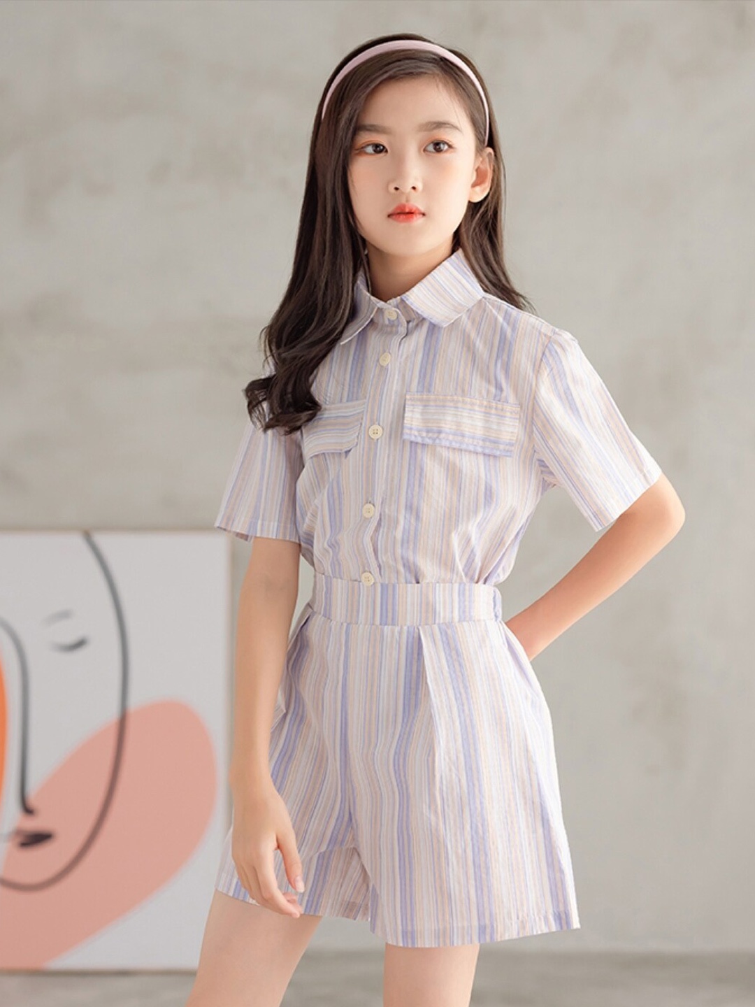 

StyleCast Girls Purple & White Striped Pure Cotton Shirt With Shorts